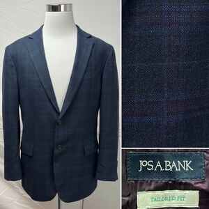 Jos. A. Bank Men's 46L Tailored Fit Navy Blue Purple Plaid Blazer Jacket Coat